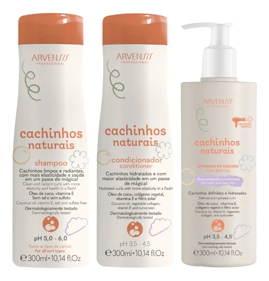 Cachinhos Natural Curls Cabello Rizado Ondas Definición Kit Vegano 3x300ml - Arvensis