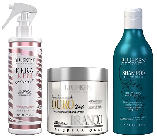 Blueken Hair Treatment Blueken Keraken Special Hydrolyzed Keratin 300Ml + Luxurious White Gold Mask 500G + Detox Anti -Residue Shampoo 500Ml
