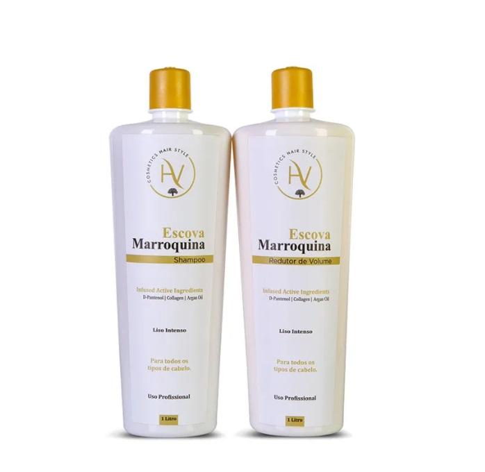 HV Cosmetics Brazilian Keratin Treatment Moroccan Brush Volume Reducer Infused Active Progressive Kit 2x1L - HV Cosmetics