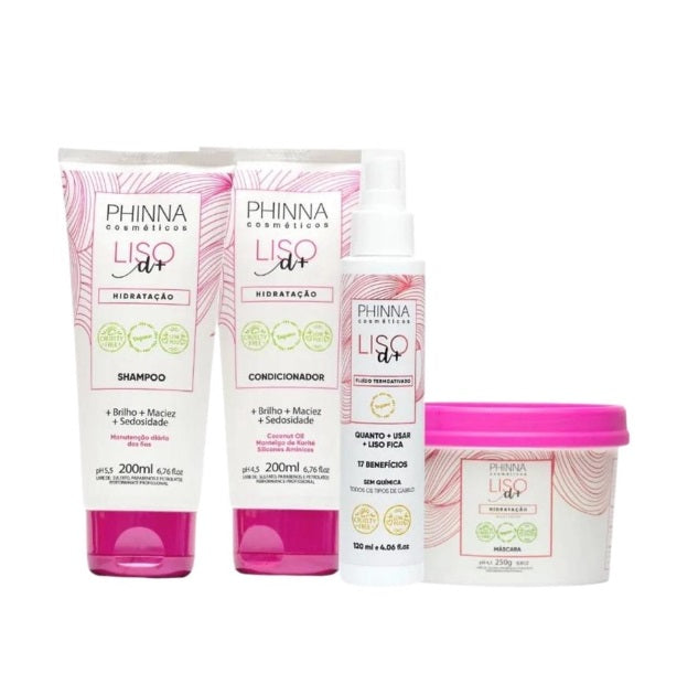 Phinna Hair Care Kits Liso D+ Smooth Hair Shine Hydration Treatment Home Care Mainteance Kit 4 Itens - Phinna